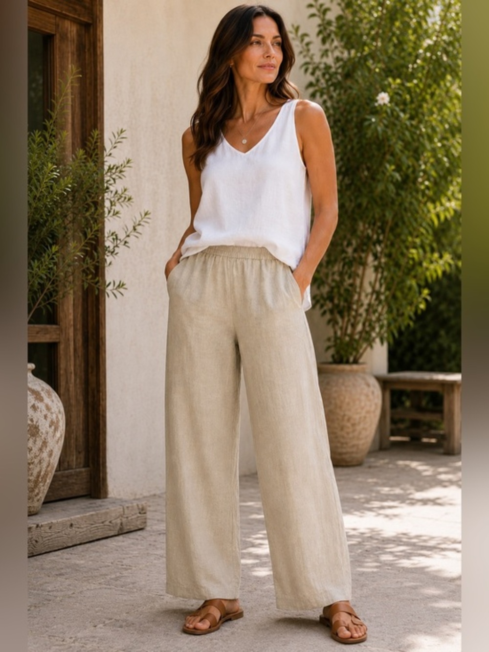 Eileen Fisher Khaki Relaxed Straight Leg Linen Blend Pull-On Pants EUC M #2599